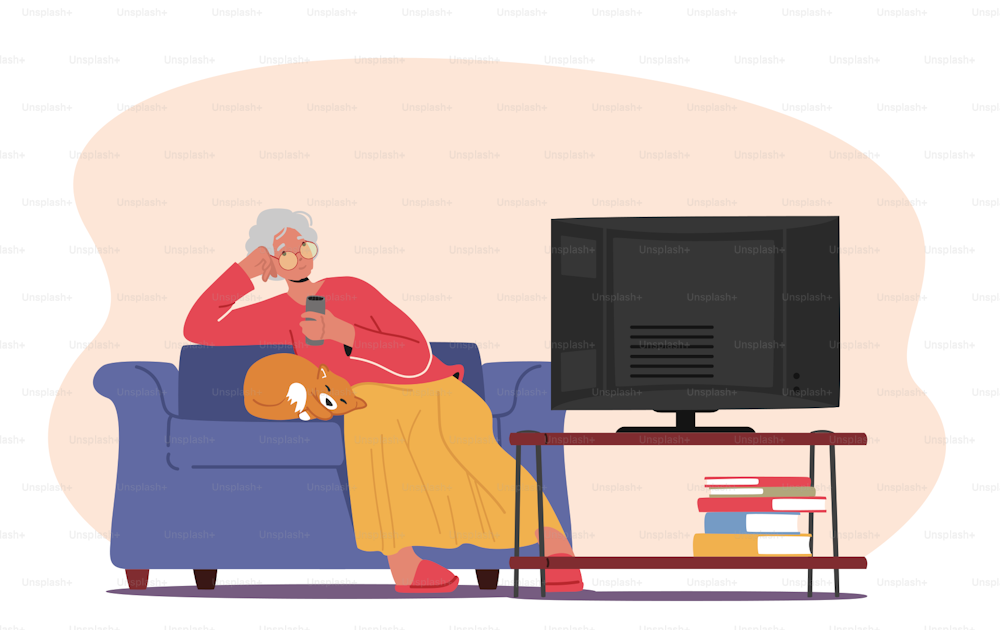 Senior Woman Watching Tv Set, Aged Character Sitting on Comfortable Sofa with Cat Having Fun, Relaxation, Elderly Lady Sparetime Isolated on White Background. Cartoon People Vector Illustration