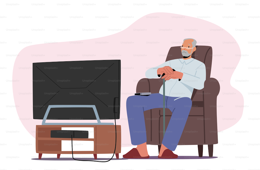 Old Man Watch Tv, Senior Male Character Sitting on Comfortable Armchair Having Fun and Relaxation. Lonely Elderly Grandfather Sparetime Isolated on White Background. Cartoon People Vector Illustration