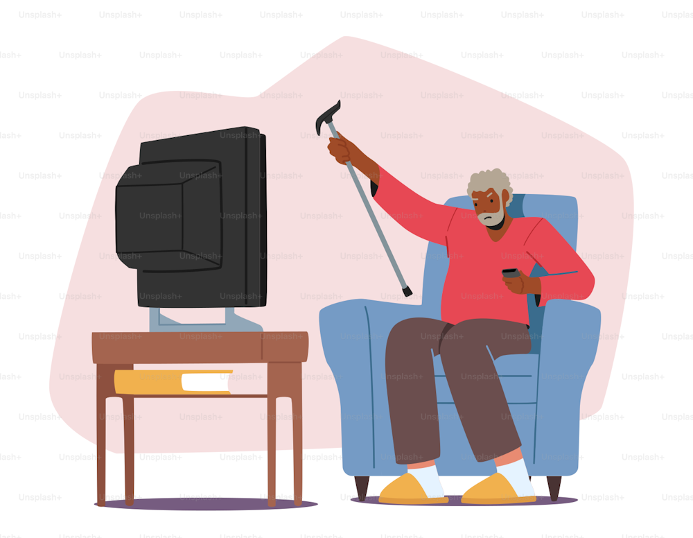 Upset Senior Man Watching Tv Waving Cane, Angry Dissatisfied Elderly Male Character Sitting on Armchair Watch Bad News Isolated on White Background. Cartoon People Vector Illustration