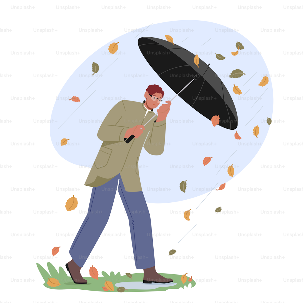 Hombre sosteniendo un paraguas protegiendo de la lluvia, el viento y la caída de las hojas. Personaje masculino luchando con tormentas eléctricas, clima frío y ventoso de otoño, viento extremadamente fuerte. Ilustración vectorial de dibujos animados