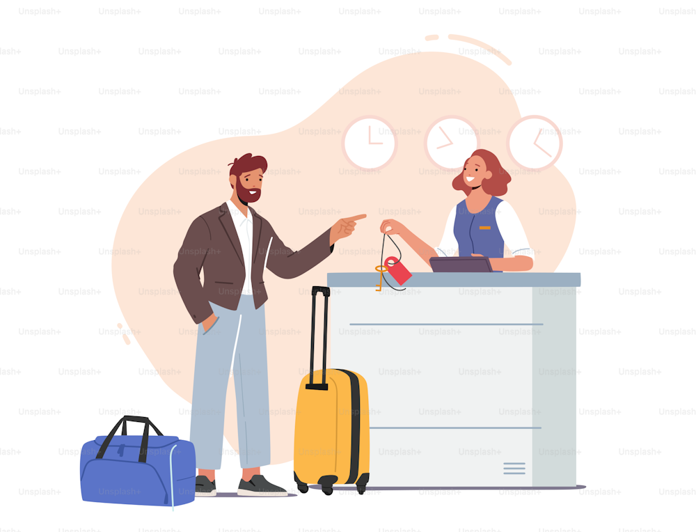 Hotel Arriving, Tourism, Business Trip Inn Service. Receptionist Character Stand at Lobby Desk Give Room Key to Businessman Guest in Hotel or Motel Reception. Cartoon People Vector Illustration