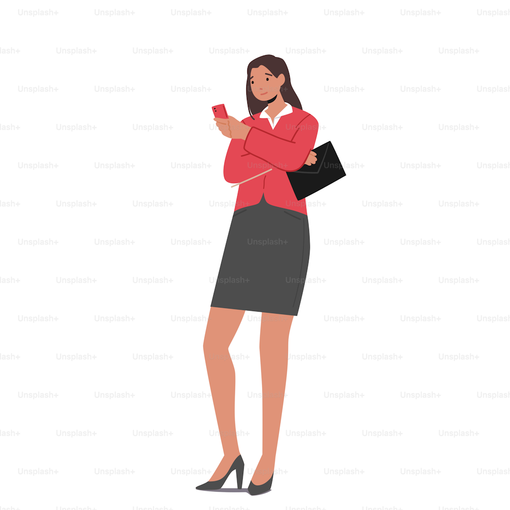 Young Caucasian Business Woman Wear Trendy Apparel with Smartphone and Clutch, Confident Female Person Isolated on White Background. Manager or Coach Character. Cartoon People Vector Illustration