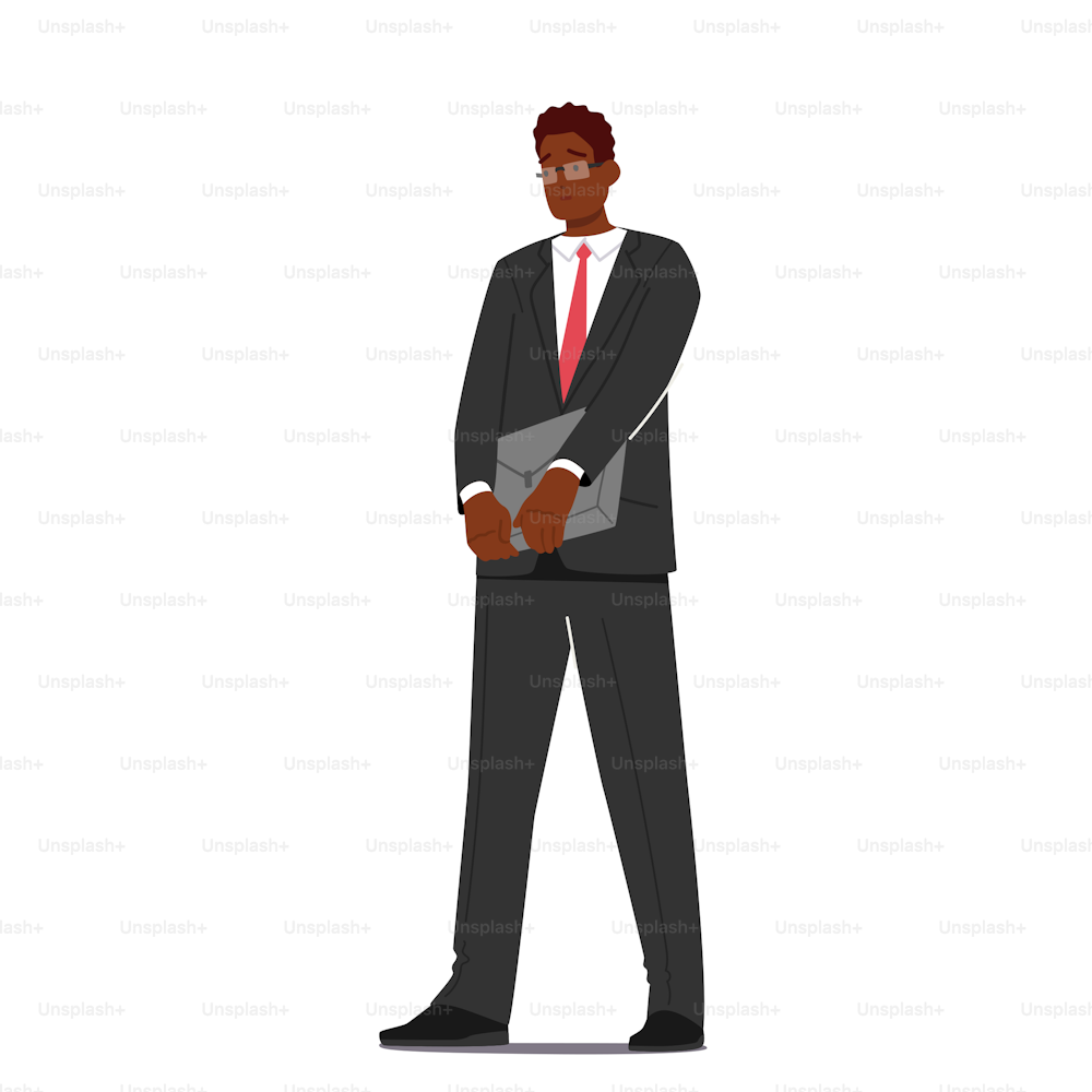 African Businessman Male Character, Single Man in Formal Suit, White Shirt and Tie with Briefcase in Hands. Manager in Formal Clothes Isolated on White Background. Cartoon People Vector Illustration