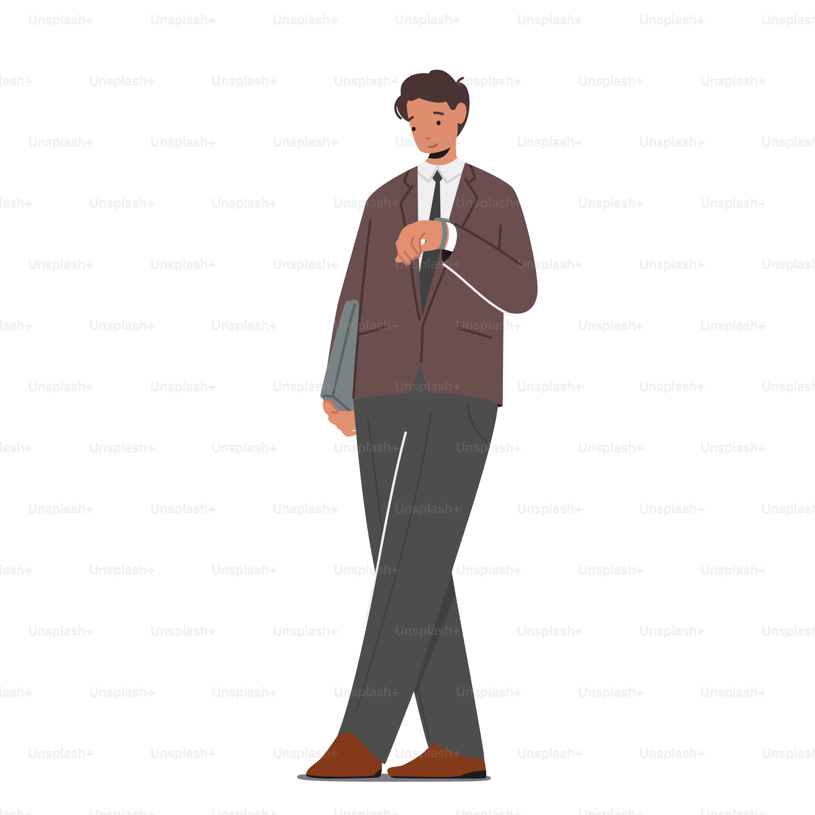 Male Character in Formal Suit with Bag Look at Wrist Watch, Young Business Man Wear Brown Blazer and Trousers Isolated on White Background. Person in Modern Clothes. Cartoon People Vector Illustration
