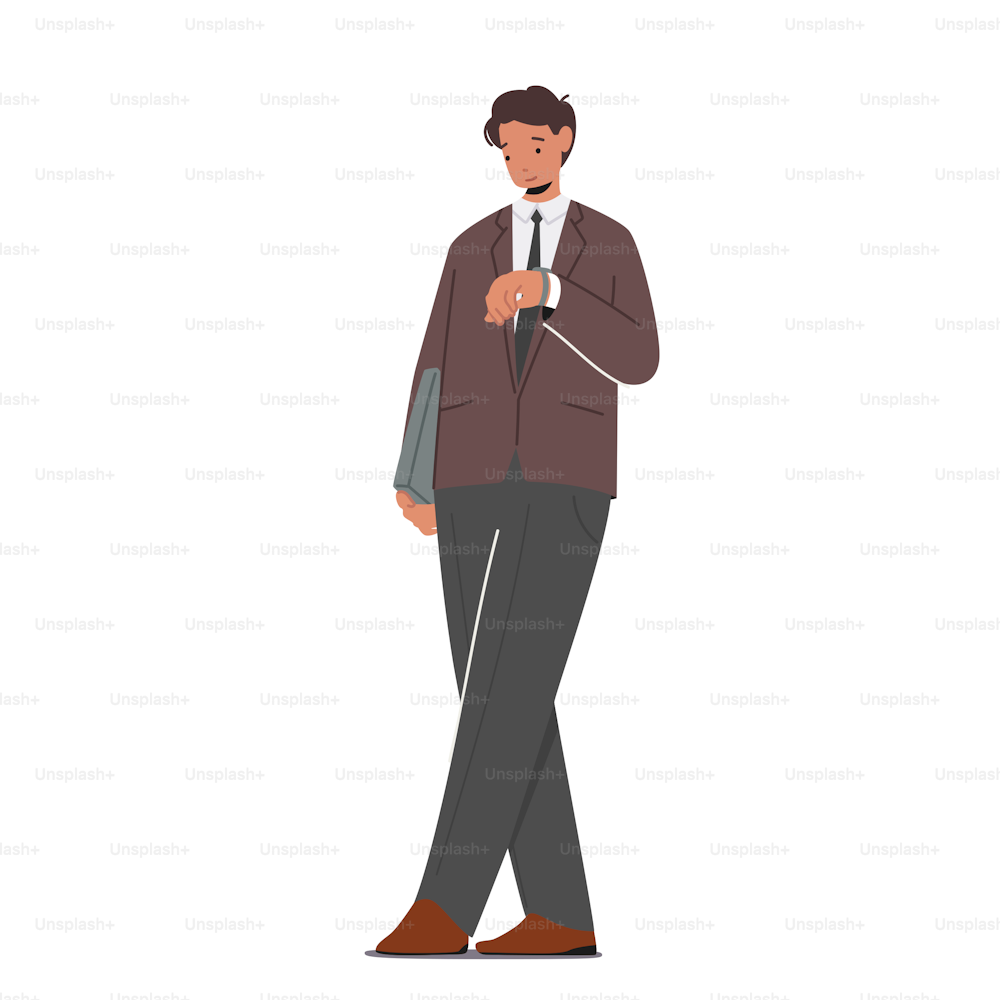 Male Character in Formal Suit with Bag Look at Wrist Watch, Young Business Man Wear Brown Blazer and Trousers Isolated on White Background. Person in Modern Clothes. Cartoon People Vector Illustration