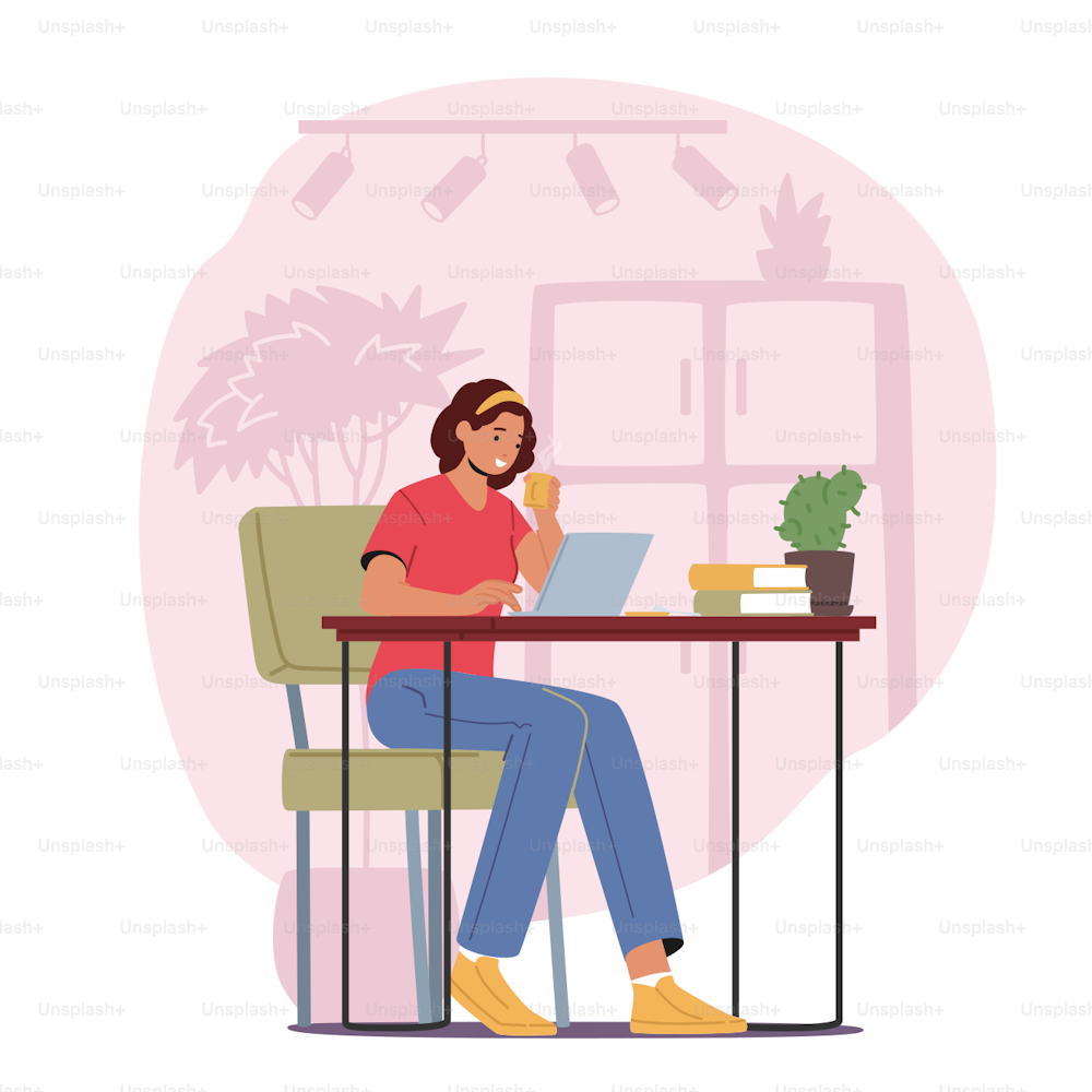 Relaxed Woman Freelancer Working on Laptop Sitting at Desk with Coffee Cup Thinking of Tasks. Freelance Outsourced Employee Occupation, Working Activity, Online Services. Cartoon Vector Illustration