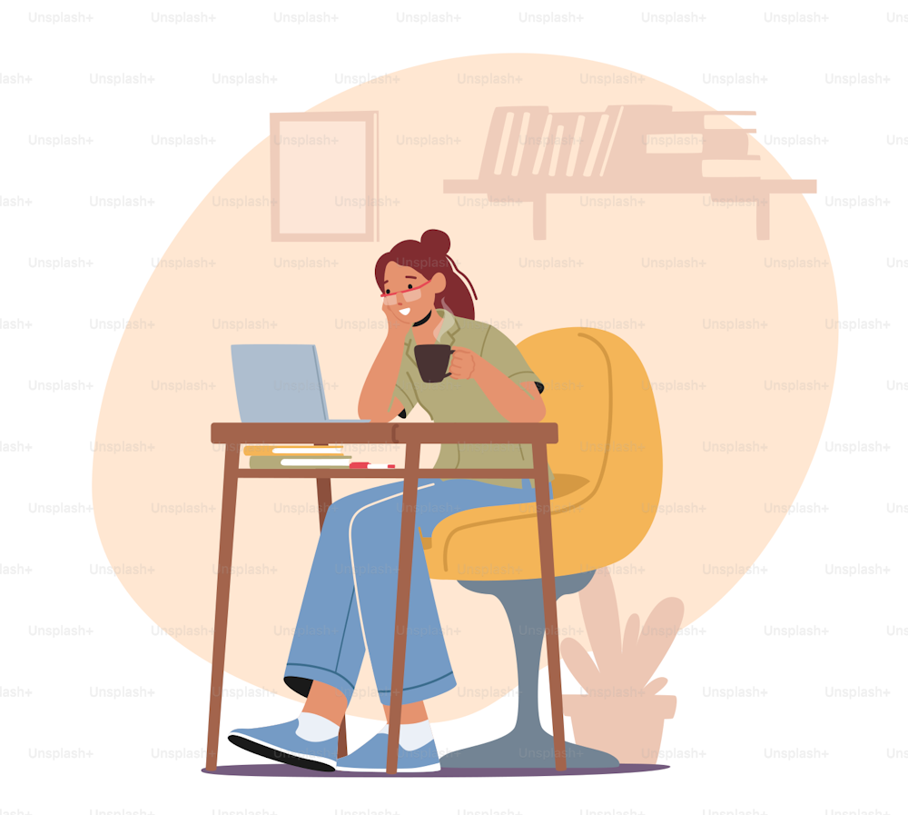 Relaxed Woman Freelancer Character Working on Laptop Sitting at Desk with Cup of Coffee in Hand. Relaxed Freelance Outsourced Employee Online Job, Occupation at Home. Cartoon Vector Illustration