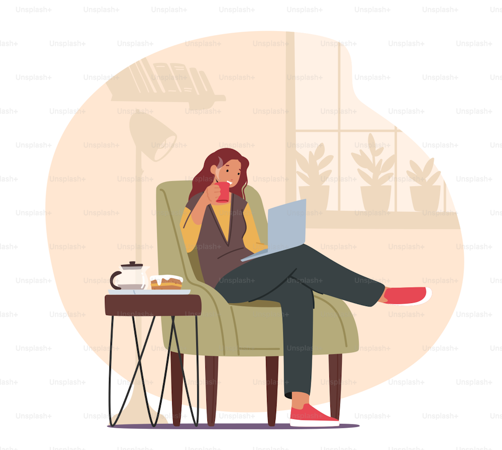 Remote Freelance Work Concept. Woman Freelancer Sitting in Comfortable Armchair with Coffee Cup Working Distant on Laptop. Creative Employee Character Work at Home. Cartoon Vector Illustration