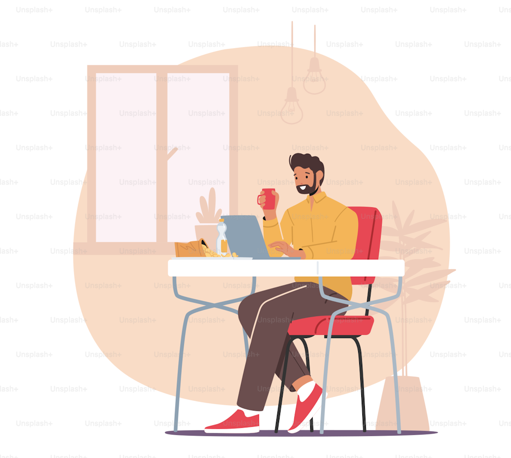 Remote Freelance Work Concept. Man Freelancer Sitting in Comfortable Armchair Working Distant on Laptop with Cup of Coffee in hand. Programmer or Designer Character at Home. Linear Vector Illustration