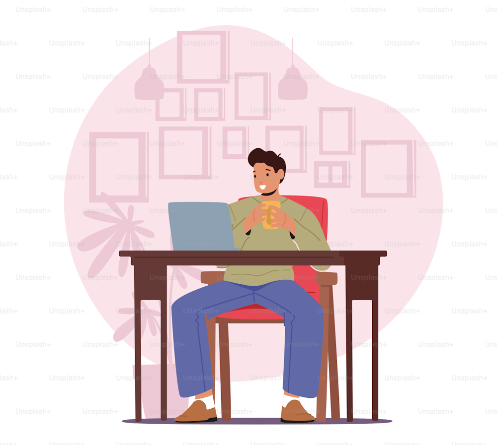 Freelance Occupation Concept. Relaxed Man Freelancer Character Sitting on Armchair Working Distant on Laptop from Home and Drink Coffee. Remote Worker Workplace, Job. Cartoon Vector Illustration