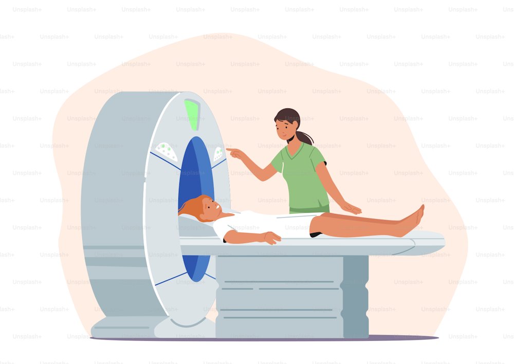 Assistenza sanitaria medica. Paziente donna sdraiata sulla macchina di scansione MRI con il medico in piedi accanto a lei. Risonanza magnetica Tecnologia digitale in medicina diagnostica. Illustrazione vettoriale delle persone del fumetto