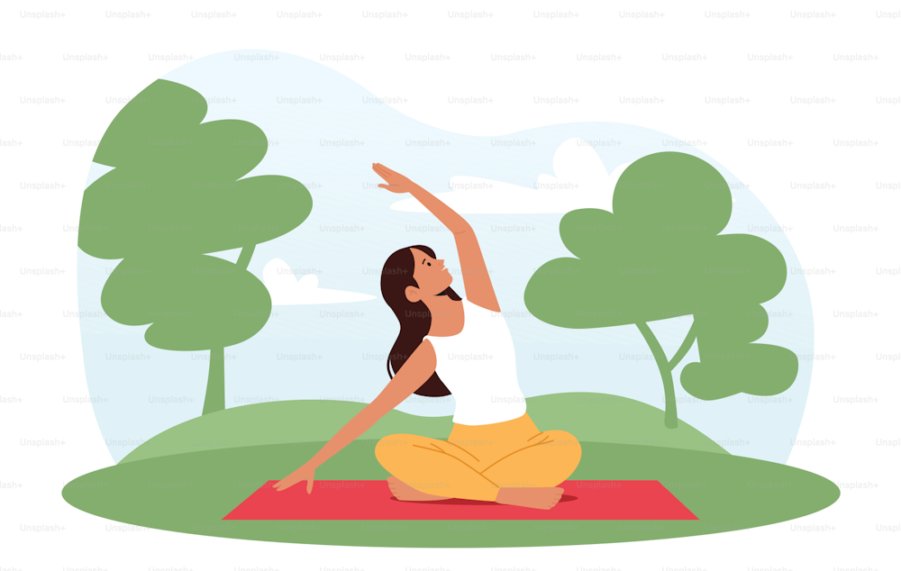 Yoga on Nature, Outdoor Relaxation. Woman Sit in Lotus Pose with Hand Up, Meditating in Asana. Healthy Lifestyle, Emotional Balance, Harmony, Recreational Training. Cartoon People Vector Illustration