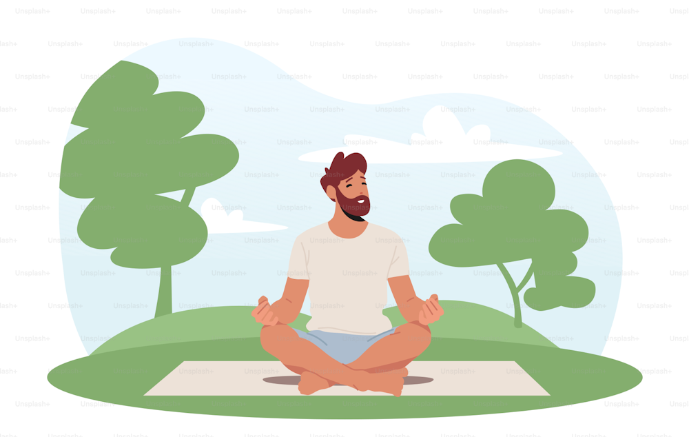 Yoga Practice in Park. Male Character Sitting on Mat in Lotus Asana Engage Meditation on Nature Landscape Background. Healthy Lifestyle, Mindfulness Workout Training Class. Cartoon Vector Illustration