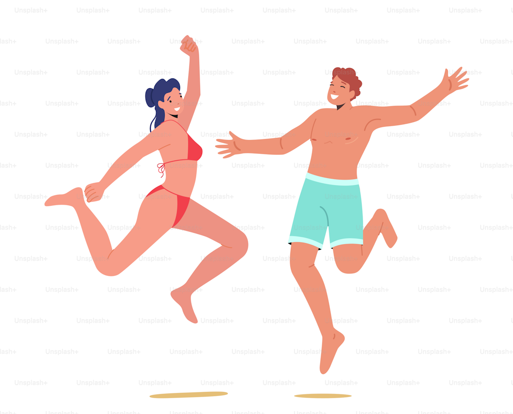 Happy People Characters Wearing Swimming Suits Jumping with Hands Up, Man and Woman Having Fun on Summer Vacation, Male and Female Rejoice, Celebrating Beach Party. Cartoon Vector Illustration