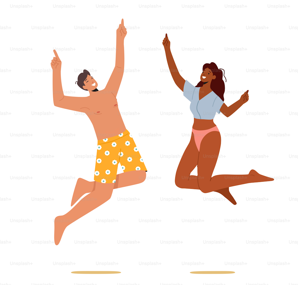Happy Couple Jump, Rejoice or Celebrate Beach Party. Smiling Young Man and Woman Enjoying Fun at Ocean Seaside. Honeymoon Trip, Family or Friends on Summer Vacation. CartoonPeople Vector Illustration