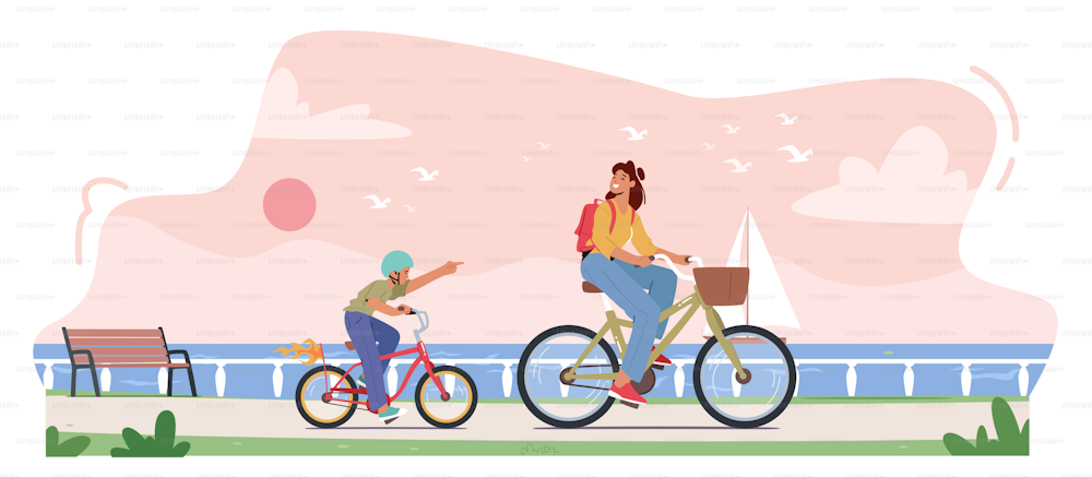 Young Mother and Son Riding Bicycle along Embankment with Seaview. Boy and Woman Happy Family Characters Spare Time Walking at Quay, Weekend Recreation on Resort. Cartoon People Vector Illustration