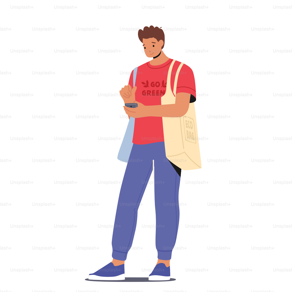 Young Smiling Man with Eco Bags and Smartphone in Hands Isolated on White Background. Male Character Using Ecology Friendly Packing for Food and Shopping. Cartoon Vector Illustration