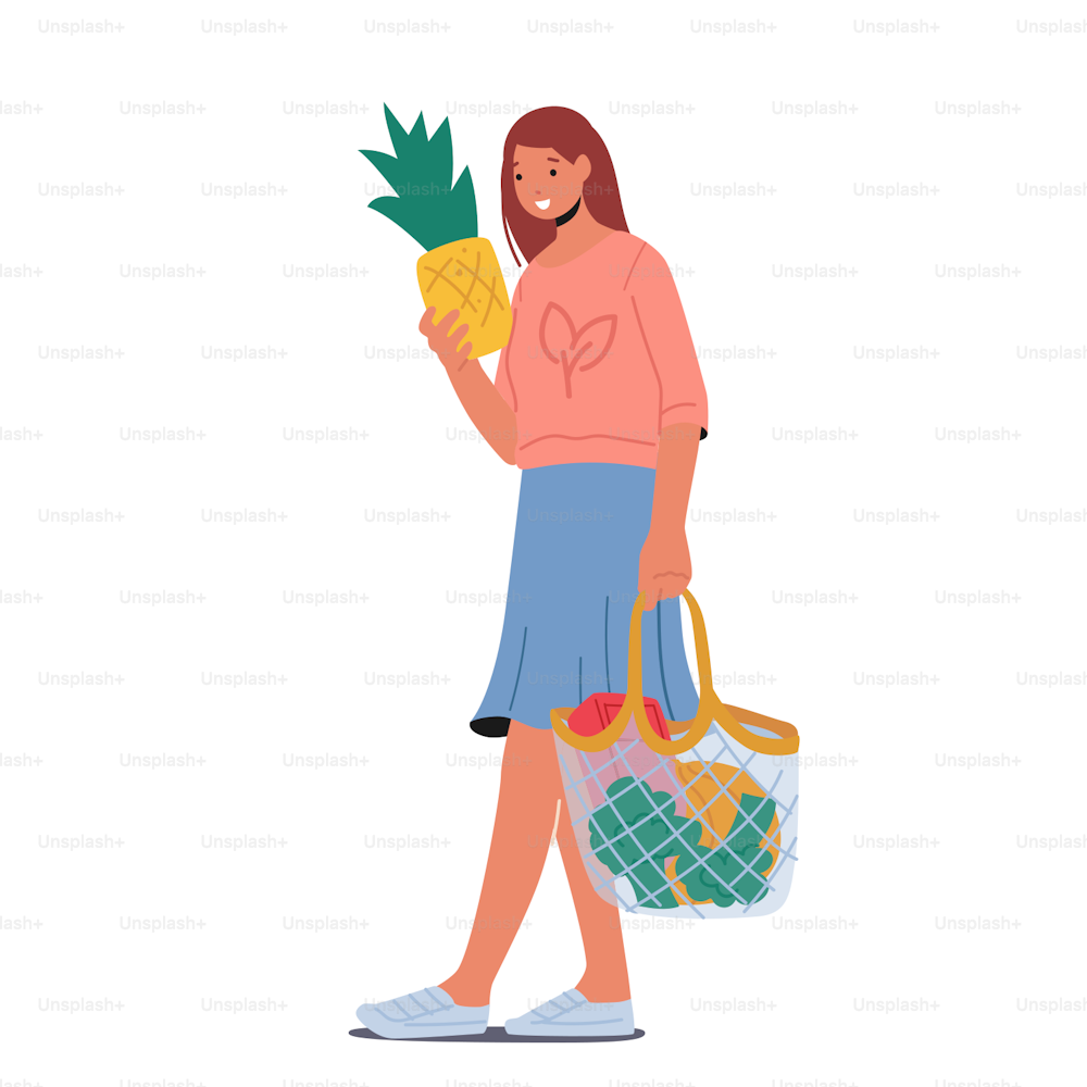 Woman Carry Products in Eco Friendly String Bag Isolated on White Background. Female Character Use Bio Degradable Natural Package. Ecologically Safety Container. Cartoon People Vector Illustration