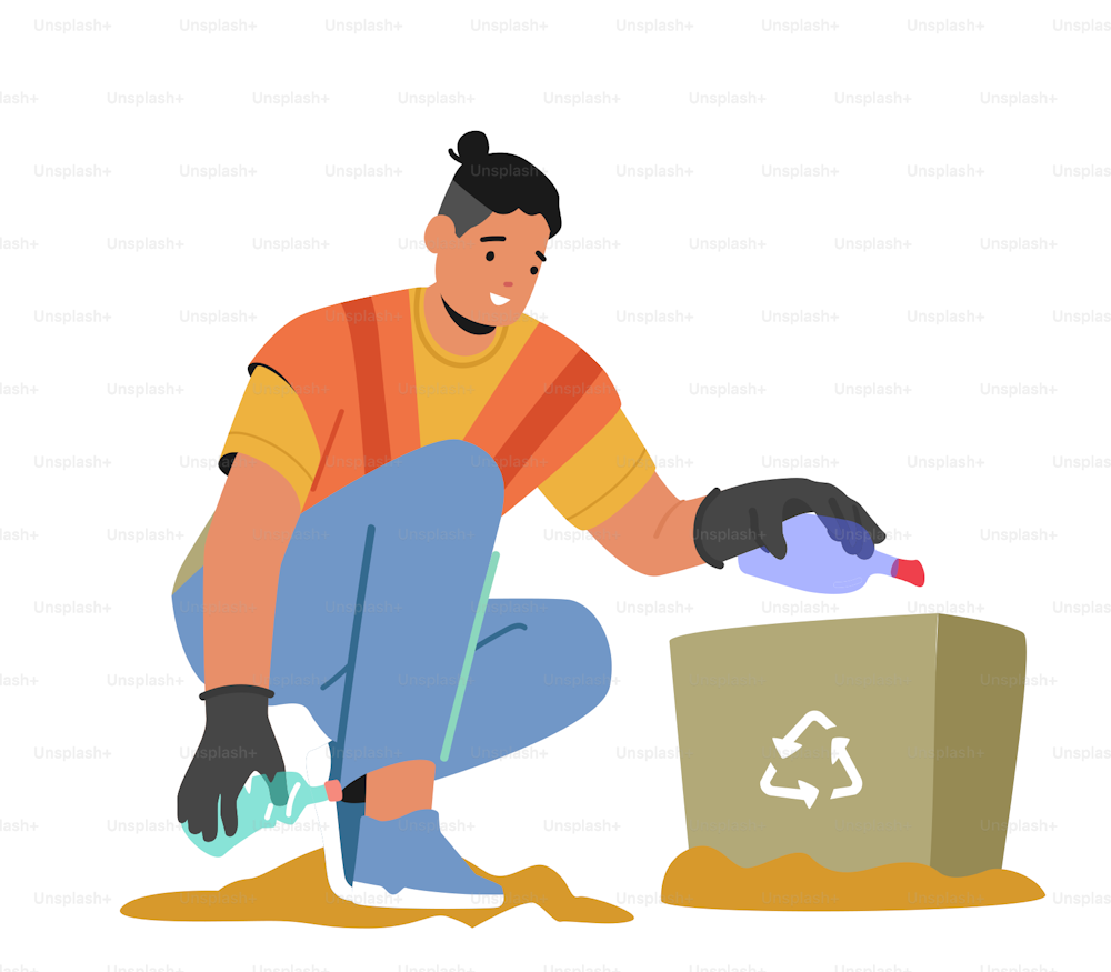 Cleaning Service Concept. Janitor Male Character Street Cleaner Pick Up Trash and Garbage on Beach City Park and Put into Litter Bin Isolated on White Background. Cartoon People Vector Illustration