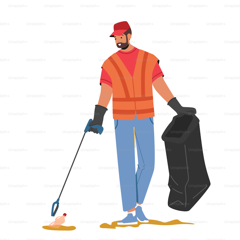 Volunteering, Charity, Ecology Protection, Save Planet Concept. Mature Volunteer Male Character Cleaning Garbage from Ground, Adult Man Collecting Trash to Sack. Cartoon People Vector Illustration