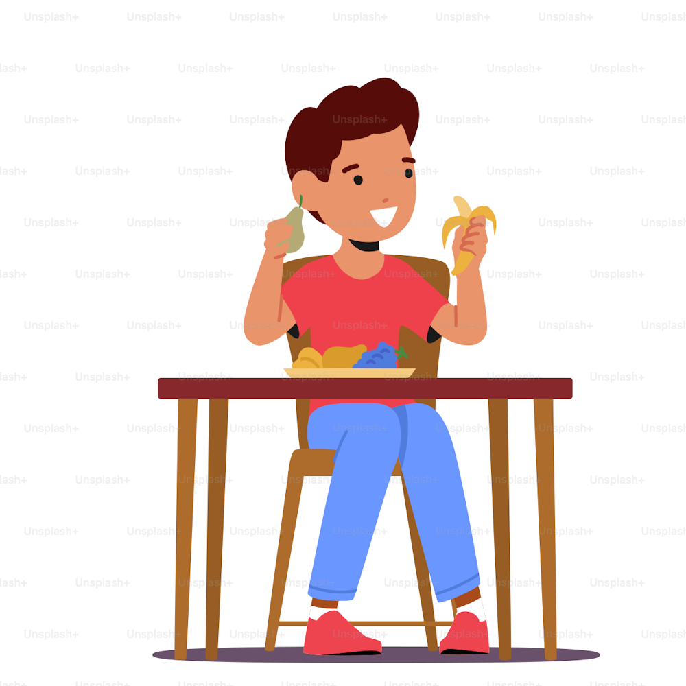 Niño pequeño comiendo frutas frescas, niño come alimentos saludables, personaje infantil sentarse a la mesa con diferentes frutas uvas, melocotón, pera, plátano aislado sobre fondo blanco. Ilustración vectorial de Cartoon People