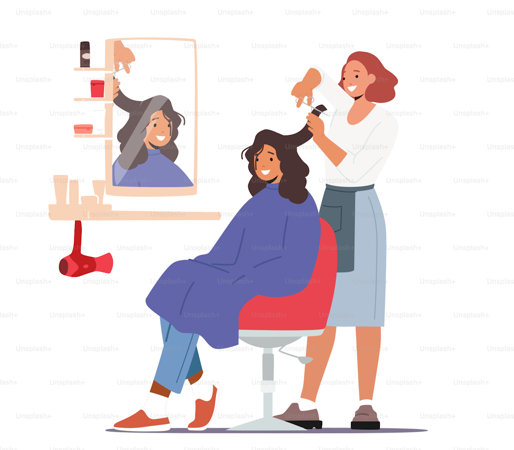 Jovem Mulher Visitando Salão de Beleza. Mestre cabeleireiro fazendo corte de cabelo para menina cortando cabelo com tesoura em frente ao espelho. Recreação no Local de Tosa, Tratamento. Ilustração vetorial