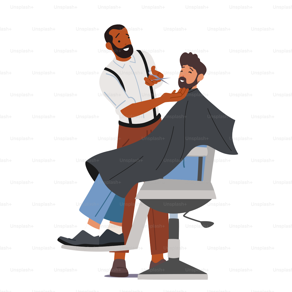 Salão de Beleza Masculino, Barbearia. Personagem masculino barbudo sentado na cadeira na barbearia com cabeleireiro cortando e aparando a barba do cliente isolada no fundo branco. Ilustração vetorial de pessoas dos desenhos animados