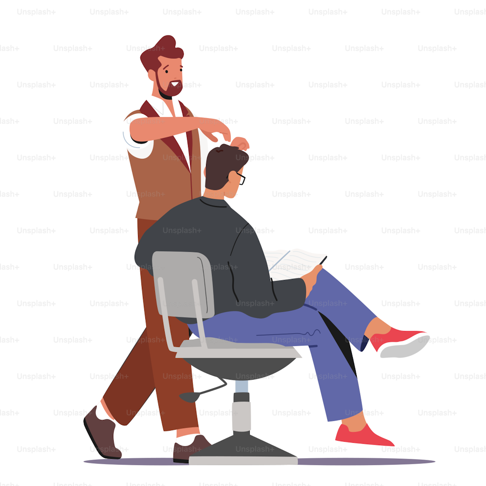 Visitante em Barbearia. barbeiro cabeleireiro fazendo penteado para jovem cliente do sexo masculino sentado na cadeira lendo revista. Salão de Beleza Masculino, Conceito de Serviço de Barbearia. Ilustração vetorial de pessoas dos desenhos animados
