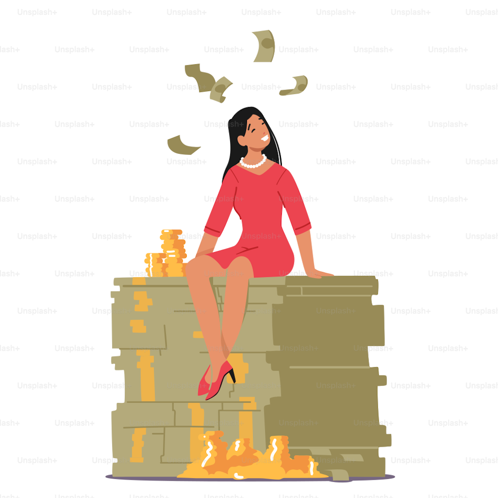 Rich Millionaire Businesswoman Character Sitting on Huge Money Pile with Gold Coins and Dollars. Business Growth, Wealth and Prosperity Concept. Investor with Money. Cartoon Vector Illustration