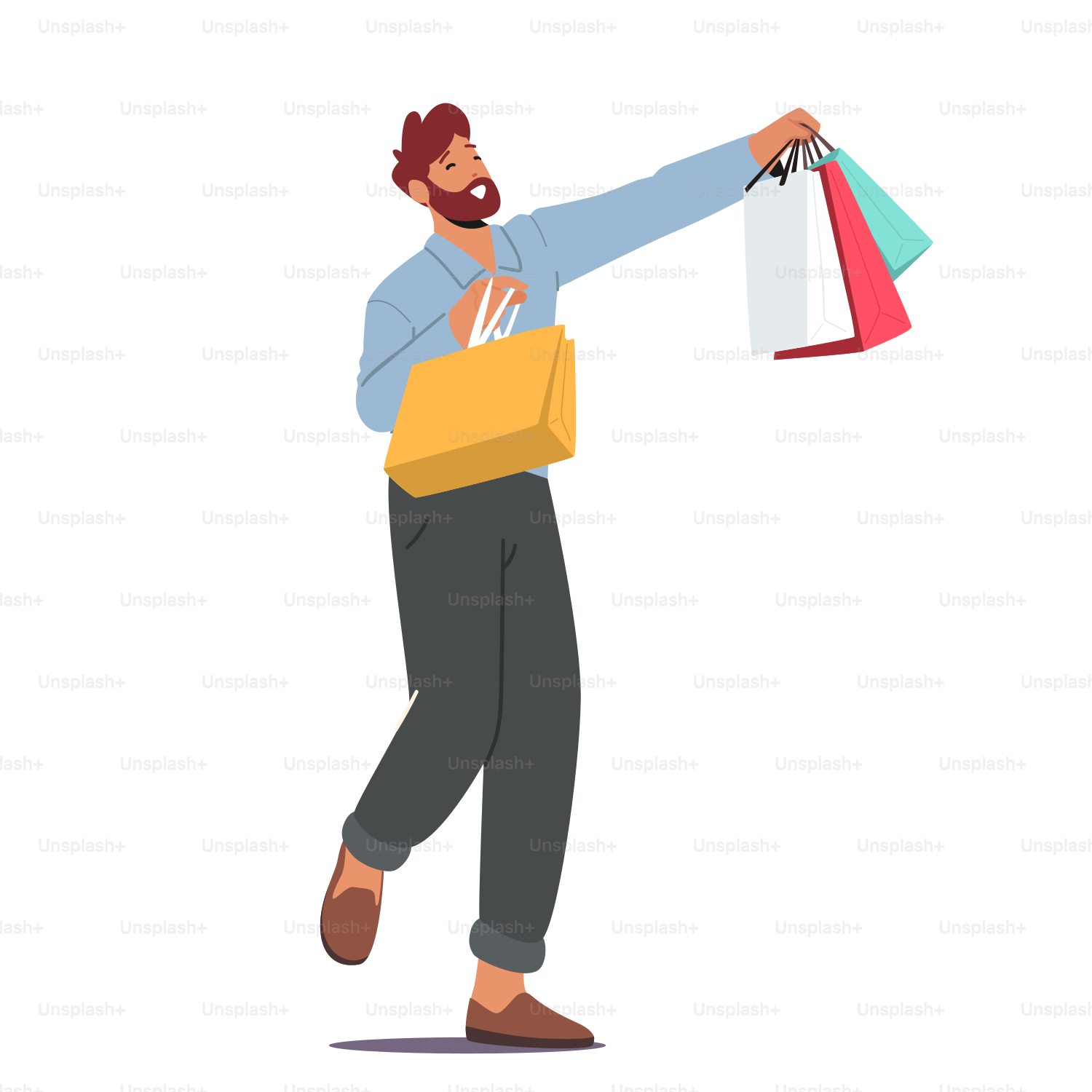 Shopaholic with Purchases in Paper Packs. Young Caucasian Man Holding Colorful Shopping Bags. Male Character Having Fun While Doing Shopping. Seasonal Sale, Discount. Cartoon Vector Illustration