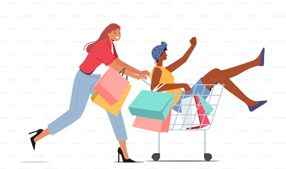 Couple of Women Fool in Supermarket Riding in Trolley. Happy Girl Pushing Shopping Cart with her Friend Sitting inside. Happy Sale, Fun, People Hurry for Discount. Cartoon Vector Illustration