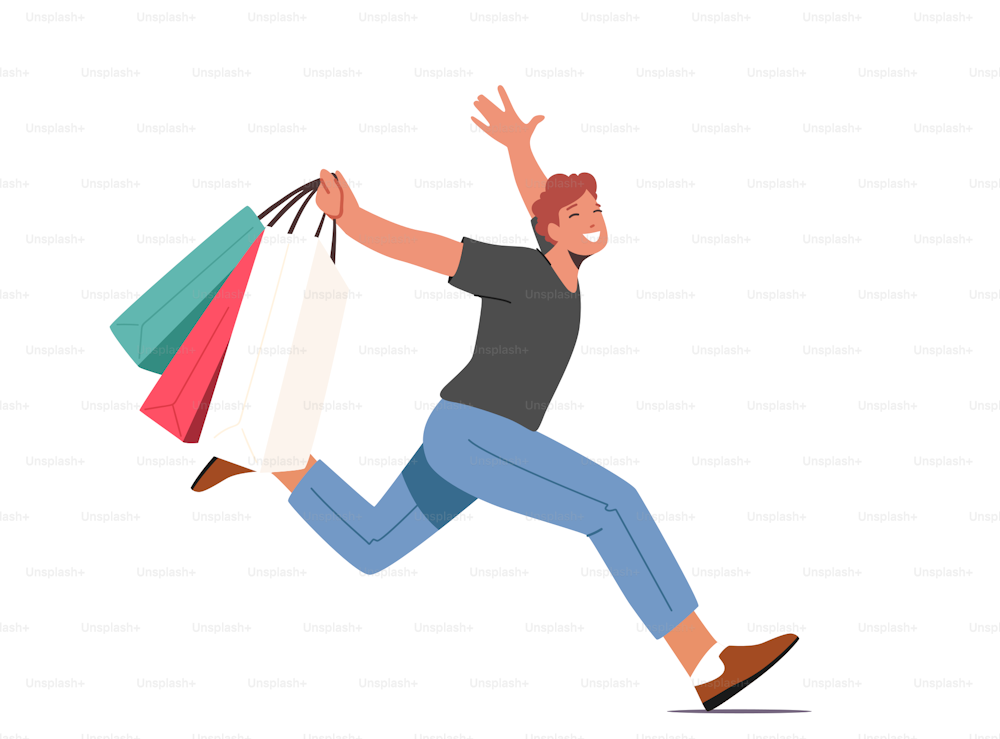 Cheerful Man with Shopping Bags and Purchases Running. Smiling and laughing Male Characters with Paper Packings Having Pleasure of Buy. Seasonal Sale at Store, Shop. Cartoon People Vector Illustration