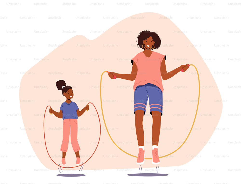 Family Sport Exercises, Young Athlete Woman and Girl Characters Jumping with Rope Doing Fitness or Aerobics Together. Mother and Daughter Workout in Gym or Home. Cartoon People Vector Illustration