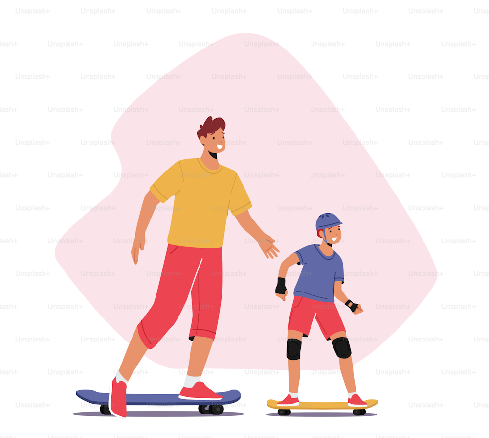 Happy Family Characters Riding Skateboard at City Park. Young Father and Little Son Skateboarding Hobby, Sport Activity, Healthy Lifestyle, Weekend Recreation. Cartoon People Vector Illustration
