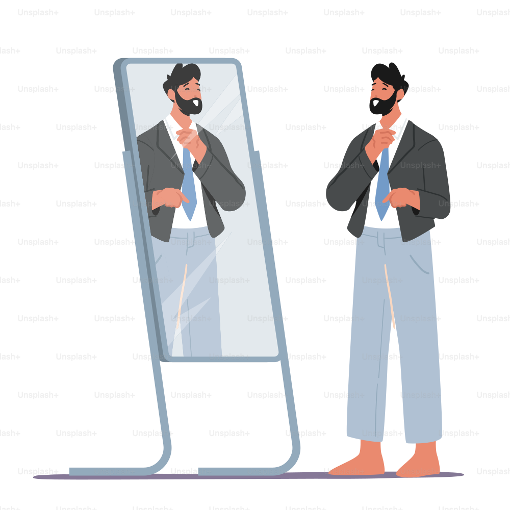 Male Character Dressing Formal Suit at Mirror, Business Man or Groom Put on Clothes at Morning Prepare to go at Work or Wedding Ceremony Isolated White Background. Cartoon People Vector Illustration