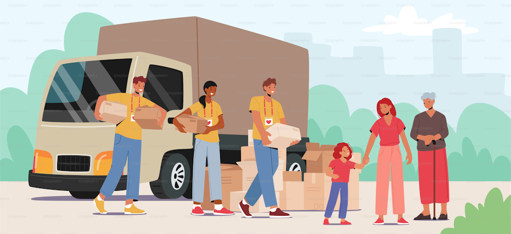 Team of Volunteers in Humanitarian Aid Van Giving Help Boxes to Refugees, Governmental Help Concept. Senior and Old Woman with Little Girl Need Material Assistance. Cartoon People Vector Illustration