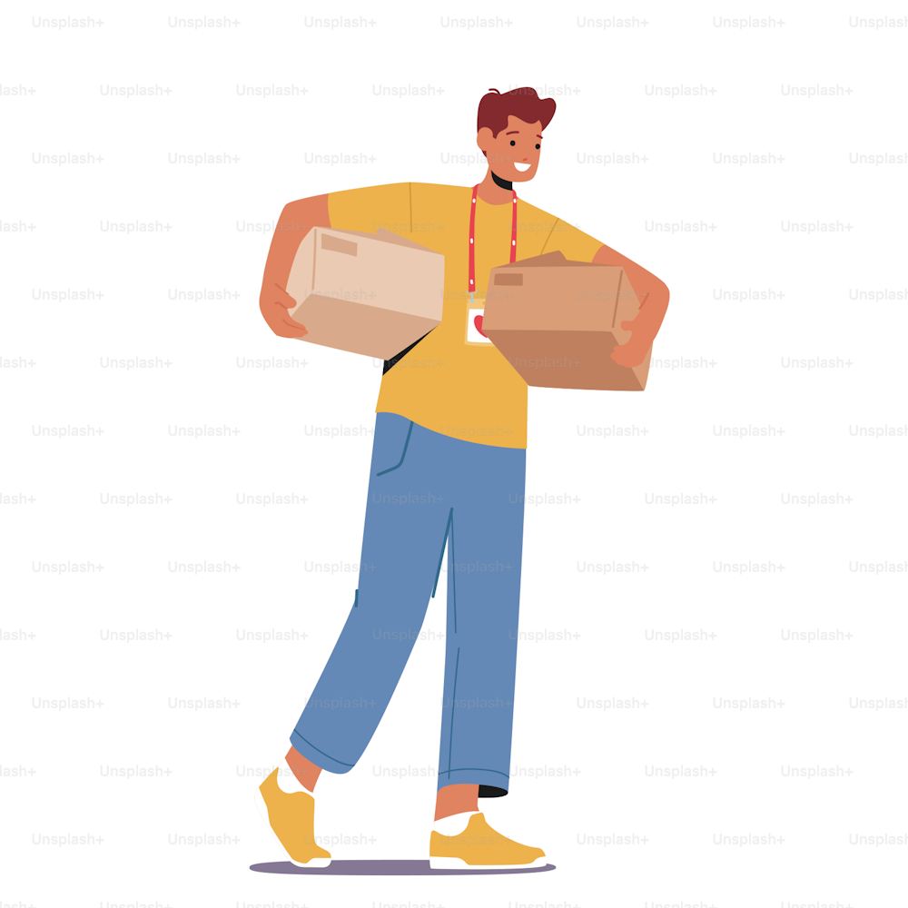Volunteer with Donation Humanitarian Aid. Man Carry Boxes with Donated Stuff. Charity Organization Help People in Troubles and Poor Families with Kids and Finance Problems. Cartoon Vector Illustration