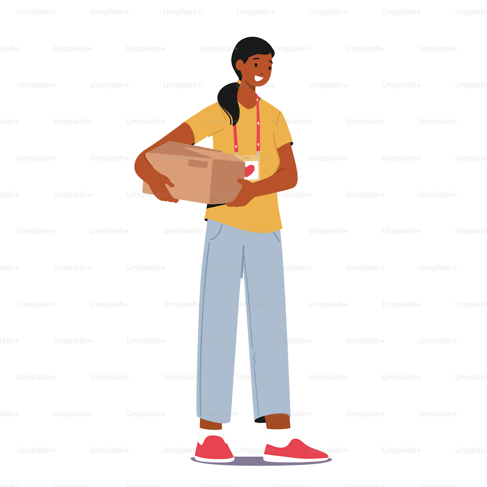 Charity, Volunteering, Donation Concept. Volunteer with Humanitarian Aid. Woman Carry Box with Donated Things. Organization Help People in Troubles and Poor Families. Cartoon Vector Illustration