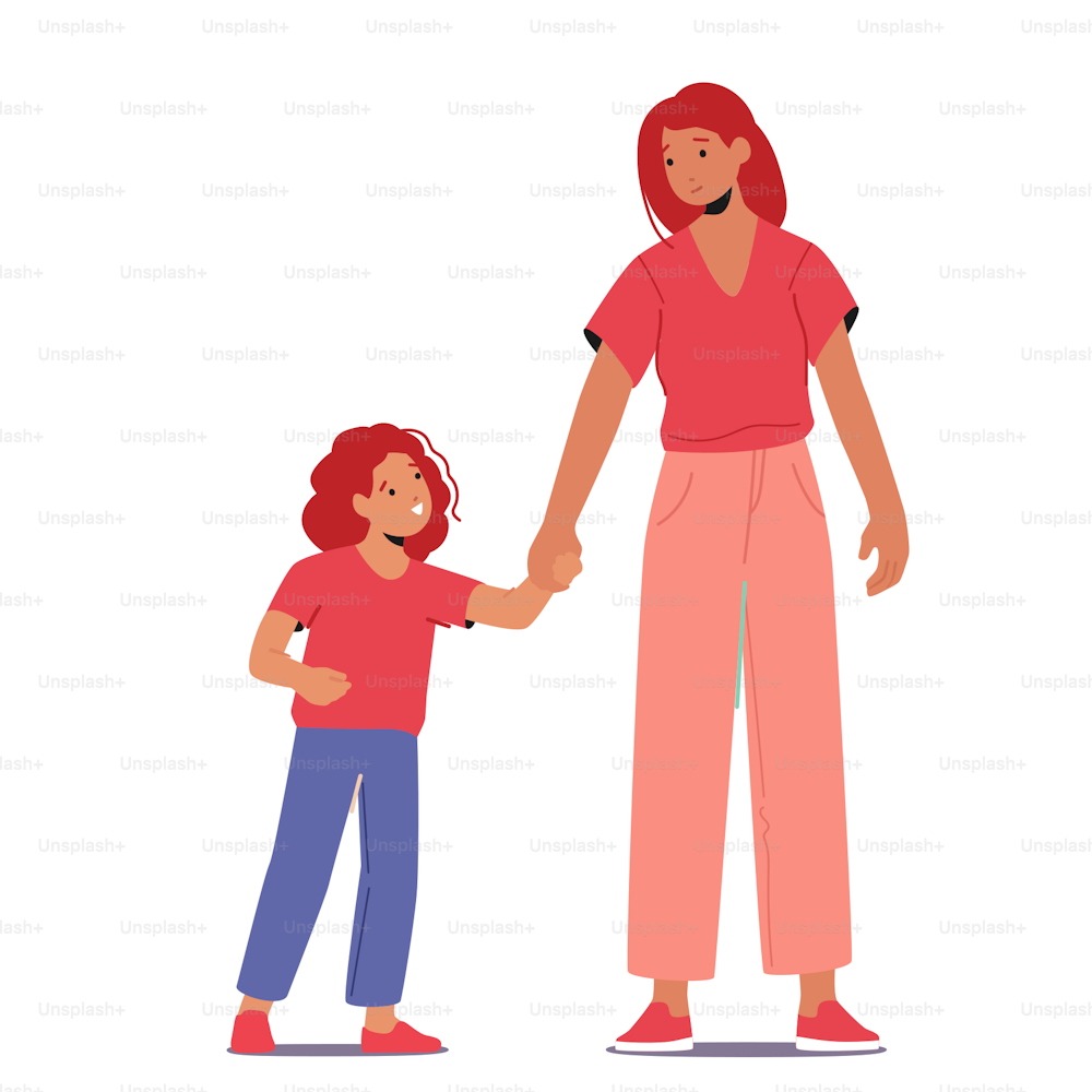 Happy Family Characters Fashioned Young Mother with Schoolgirl Isolated on White Background. Mom and Daughter Spend Time Together, Communicate, Motherhood Concept. Cartoon People Vector Illustration