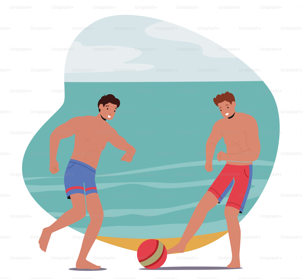Hombres en pantalones cortos de baño jugando a la pelota en la playa de verano. Jóvenes personajes masculinos deportivos amigos o hermanos pasan tiempo en un resort exótico, diversión, ocio, vacaciones de verano. Ilustración vectorial de dibujos animados
