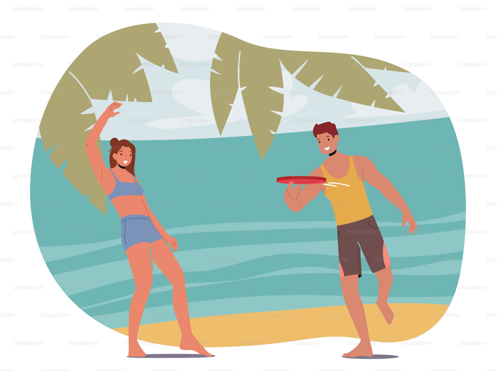 Sommer Strand Freizeit und Aktivitäten. Männliche und weibliche Charaktere verbringen Zeit in einem exotischen Resort, ein junges Mädchen im Bikini und ein Mann in Badeshorts, der Frisbee-Scheibe wirft. Cartoon-Vektor-Illustration