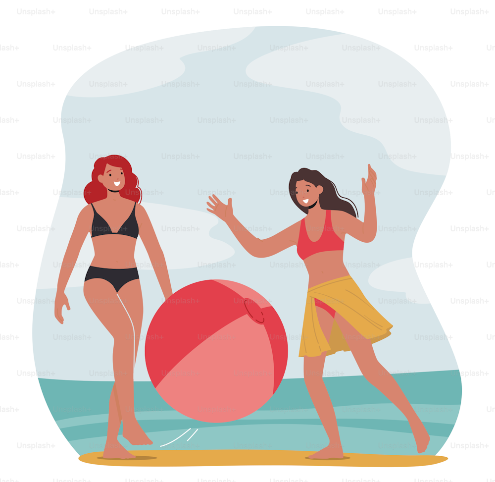 Chicas bronceadas en bikini jugando con una gran pelota inflable durante las vacaciones de verano. Los personajes femeninos jóvenes pasan tiempo en la exótica playa del resort, ocio de verano, actividades. Ilustración vectorial de dibujos animados