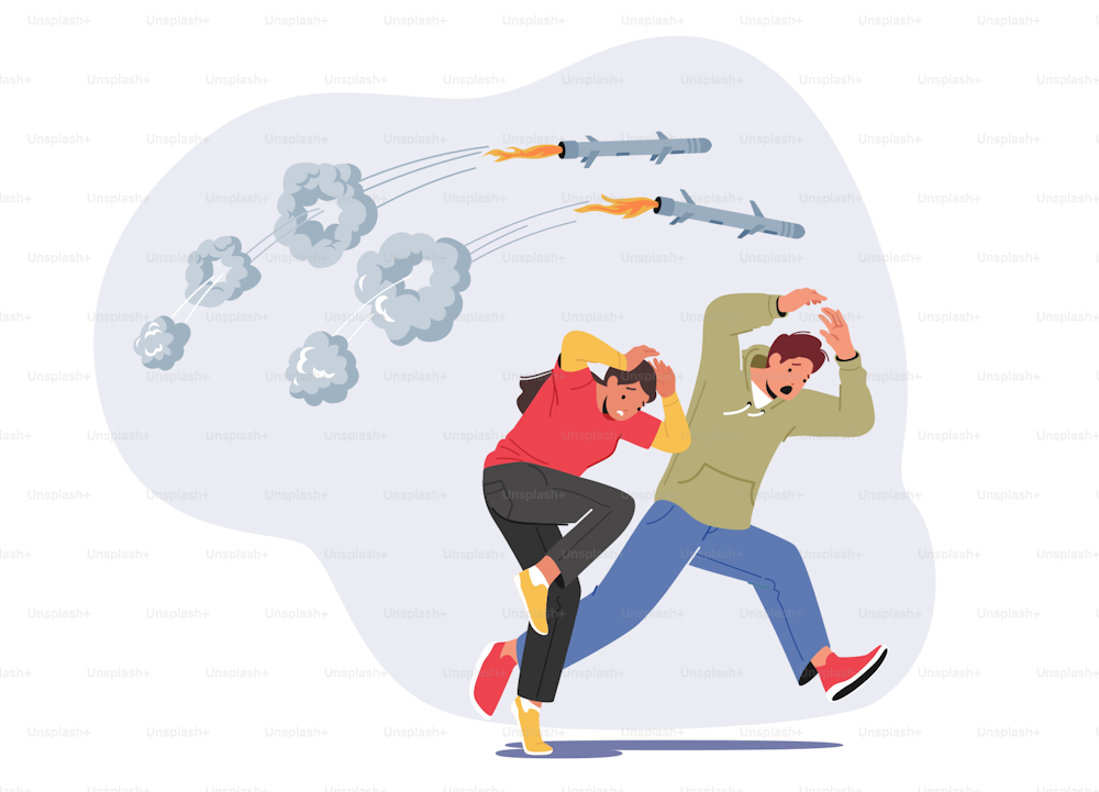 Flüchtlingscharaktere, die vor Militärraketen fliehen oder Bomben in den Himmel fliegen. Überleben der ukrainischen Familie, Paar Mann und Frau auf der Flucht aus dem Kriegskonfliktgebiet. Cartoon Menschen Vektor Illustration
