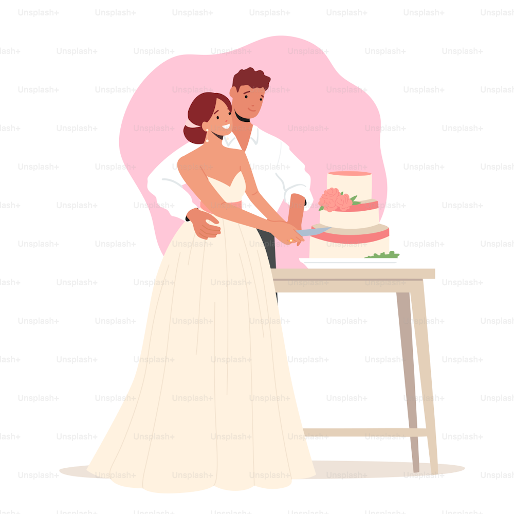 新郎と花嫁のカップルは結婚式でお祝いケーキを切り、幸せな若い新婚のキャラクターは結婚、ブライダルパーティー、レストランでの休日のお祝いを祝います。漫画の人々のベクターイラスト
