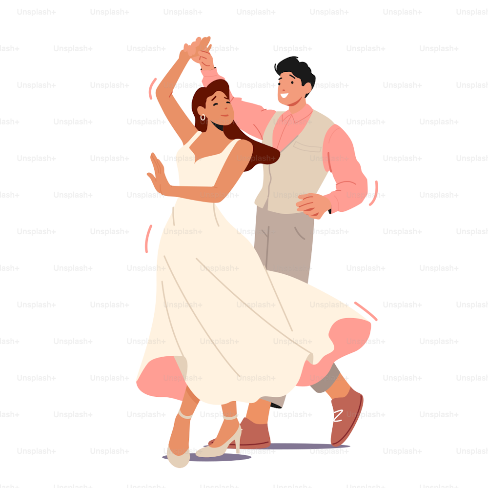 結婚式のお祝い、若い夫と妻がワルツを踊る。幸せな新婚夫婦が結婚式のダンスを披露する。孤立した新郎新婦のキャラクターが楽しい。漫画の人々のベクターイラスト