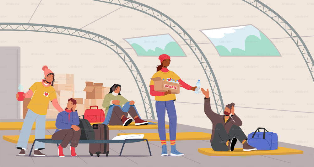 Volunteers Help Refugees in Shelter, Characters Survive during War Conflict, People Sitting on Cots and Floor Mats Get Food and Water from Helpers in Temporary Residence. Cartoon Vector Illustration