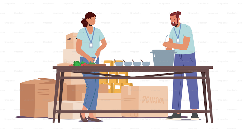 Volunteers Male and Female Characters with Charity Badges Pouring Food in Bowls for Feeding Homeless Refugee People. Volunteering Community, Foundation Service. Cartoon People Vector Illustration