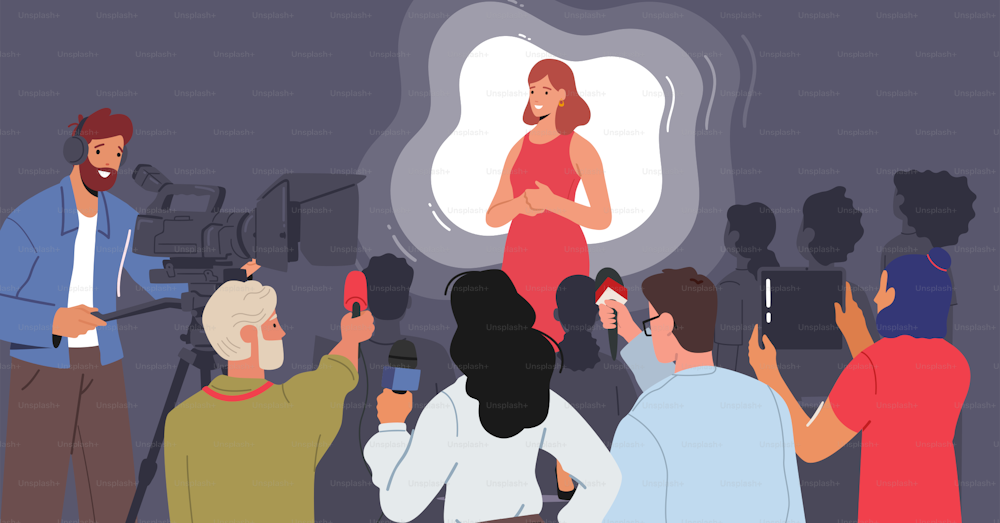 Press Conference Concept. Woman Speaking to Audience, Journalists or Press Media Workers Stand with Microphones, Photo and Video Cameras Listen to Speaker Female Character. Cartoon Vector Illustration