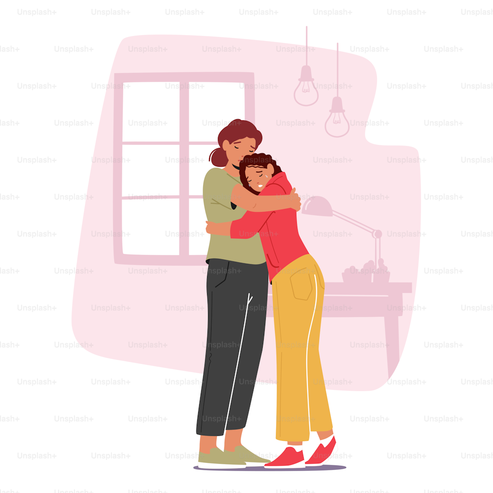 Mother and Crying Daughter Hugging in Living Room Speak and Share Problems. Parent Support Child. Mom and Girl Character Talking, Confidential Relations, Parenting. Cartoon People Vector Illustration