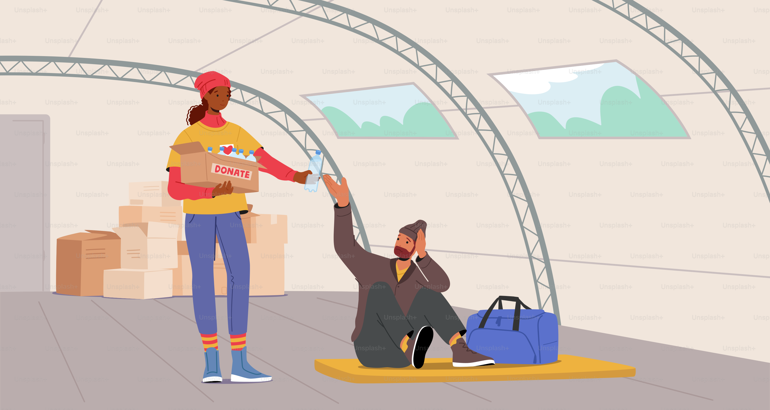 Volunteer Giving Water Bottle to Refugee Man Sitting on Floor Map in Shelter, Helper Character Help to Survive People during War Conflict in Temporary Residence. Cartoon Vector Illustration